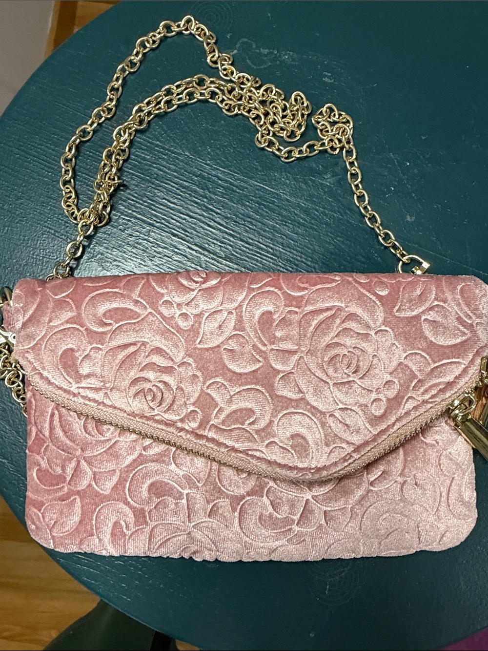 Charming Charlie Pink Velvet Rose Embedded Clutch/Crossbody Evening Purse